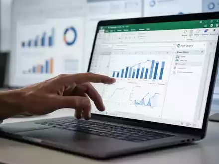 A hand interacts with a laptop screen displaying Excel and Power Query, illustrating HR attendance report automation. - Foto: über boerse-global.de