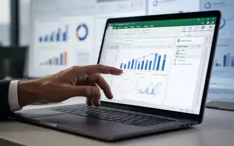A hand interacts with a laptop screen displaying Excel and Power Query, illustrating HR attendance report automation. - Foto: über boerse-global.de