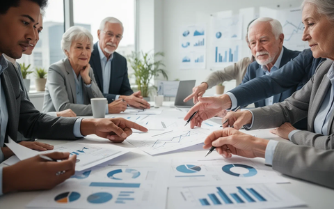 Eine Gruppe von Menschen unterschiedlichen Alters, die in einem modernen Büro Altersvorsorge-Dokumente besprechen. - Foto: über boerse-global.de