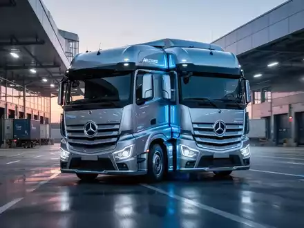 Ein futuristischer elektrischer Daimler eActros Lowliner LKW steht in einem modernen Logistikzentrum bei Sonnenaufgang. - Foto: über boerse-global.de