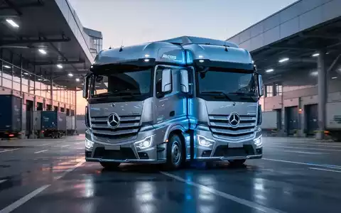 Ein futuristischer elektrischer Daimler eActros Lowliner LKW steht in einem modernen Logistikzentrum bei Sonnenaufgang. - Foto: über boerse-global.de