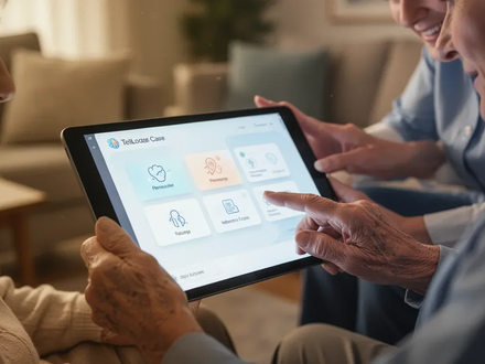 Ältere und jüngere Hände interagieren mit einer digitalen Pflege-App auf einem Tablet in einer häuslichen Umgebung. - Foto: über boerse-global.de