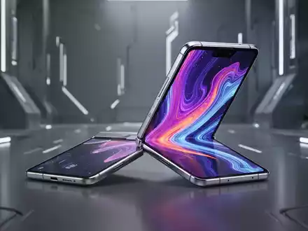 A sleek, partially unfolded foldable smartphone with a vibrant display and metallic finish, on a minimalist background. - Foto: über boerse-global.de
