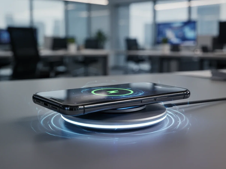 A smartphone charging wirelessly on a pad, with a subtle glow around it. The background is a blurred office setting. - Foto: über boerse-global.de