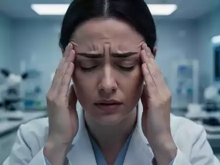 Eine Person mit geschlossenen Augen hält die Hände an die Schläfen, im Hintergrund unscharfe medizinische Forschungselemente. - Foto: über boerse-global.de