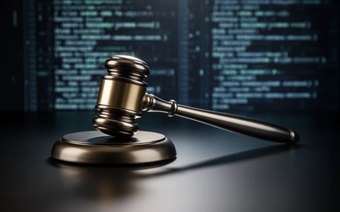 Ein stilisiertes, modernes richterliches Gavel aus poliertem Metall, das einen langen Schatten auf eine dunkle, reflektierende Oberfläche wirft. - Foto: über boerse-global.de