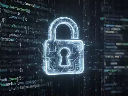 Ein abstraktes digitales Vorhängeschloss-Symbol über verschwommenem Code, das Datensicherheit und KI-Lockdown darstellt. - Foto: über boerse-global.de