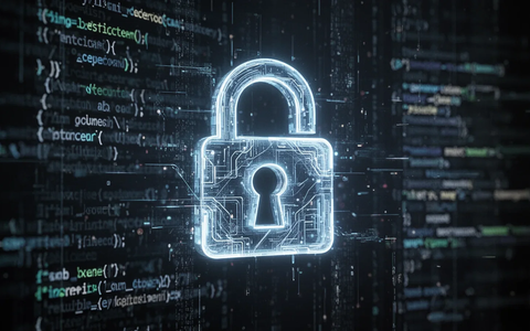 Ein abstraktes digitales Vorhängeschloss-Symbol über verschwommenem Code, das Datensicherheit und KI-Lockdown darstellt. - Foto: über boerse-global.de