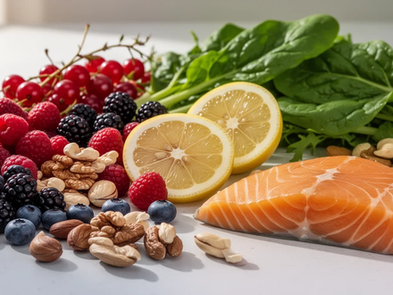 Nahaufnahme einer Anordnung von frischen Lebensmitteln wie Beeren, grünem Blattgemüse, Zitrone, Nüssen und Lachs. - Foto: über boerse-global.de