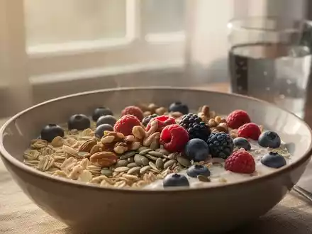 Eine Nahaufnahme einer gesunden Frühstücksschale mit Haferflocken, Beeren, Nüssen und Samen, beleuchtet von sanftem Morgenlicht. - Foto: über boerse-global.de