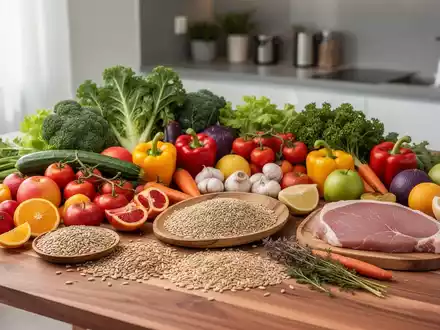 Eine kunstvolle Anordnung frischer, gesunder Zutaten auf einem Holztisch, darunter Gemüse, Obst, Vollkornprodukte und Proteine. - Foto: über boerse-global.de