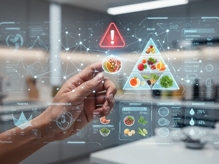 Eine stilisierte Hand interagiert mit einem holographischen Display, das Ernährungsdaten und Gesundheitsinformationen anzeigt. - Foto: über boerse-global.de