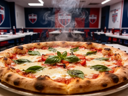 Eine appetitliche Pizza mit schmelzendem Käse und frischen Zutaten, die auf einem Tisch in einer professionellen Sportumgebung liegt. - Foto: über boerse-global.de