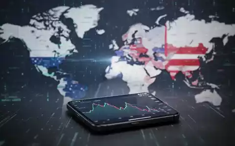 Abstrakte Darstellung der USA und Großbritannien, die auseinanderdriften, mit digitaler Datenüberlagerung und einem Smartphone, das einen fallenden Finanzchart zeigt. - Foto: über boerse-global.de