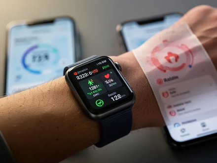 Eine Apple Watch am Handgelenk zeigt Fitnessdaten an, im Hintergrund ist ein unscharfes iPhone mit einer Gesundheits-App zu sehen. - Foto: über boerse-global.de