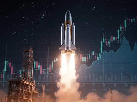 Eine Rakete startet in den Nachthimmel, mit einem subtilen Börsenkurs-Overlay durch die Abgasfahne sichtbar. - Foto: über boerse-global.de