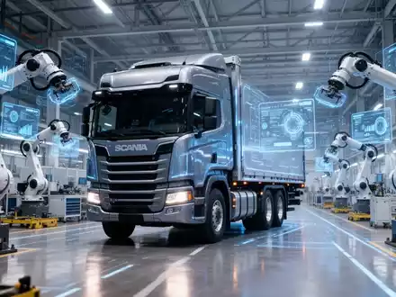 An autonomous heavy-duty truck on a factory floor with robotic arms and digital displays, symbolizing advanced logistics and manufacturing. - Foto: über boerse-global.de