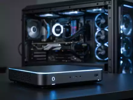 A sleek, glowing mini PC next to a blurred traditional gaming PC tower, highlighting the contrast in size and design. - Foto: über boerse-global.de