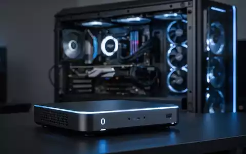 A sleek, glowing mini PC next to a blurred traditional gaming PC tower, highlighting the contrast in size and design. - Foto: über boerse-global.de