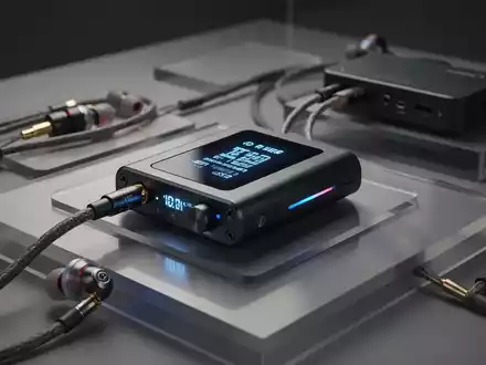 Sleek portable DAC/amplifier with a glowing screen, surrounded by audio cables and compact audio equipment on a display stand. - Foto: über boerse-global.de