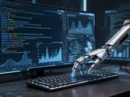 A futuristic AI interface with code and data, a robotic arm near a keyboard, representing automation and efficiency. - Foto: über boerse-global.de