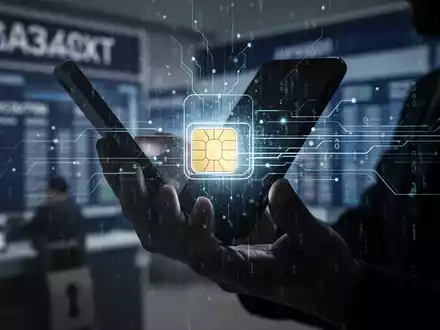 Eine schattenhafte Hand hält ein Smartphone, überlagert von digitalen Datenströmen und einer leuchtenden SIM-Karte, die Cyberkriminalität symbolisiert. - Foto: über boerse-global.de