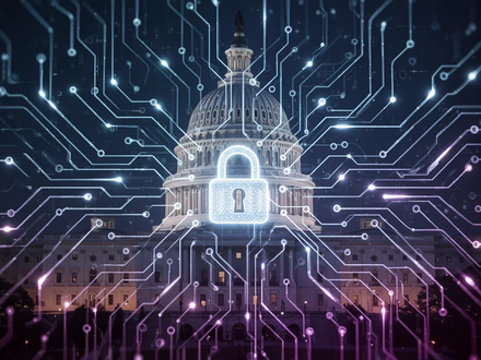 Eine stilisierte Darstellung eines neuralen Netzwerks über dem US-Kapitolgebäude, das KI-Regulierung und Datensicherheit symbolisiert. - Foto: über boerse-global.de