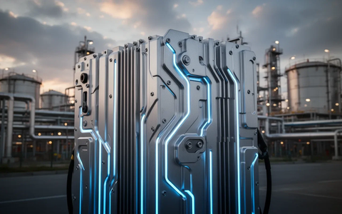 Nahaufnahme eines modernen Brennstoffzellenstapels mit blauen Akzenten vor dem Hintergrund einer Industrieanlage. - Foto: über boerse-global.de