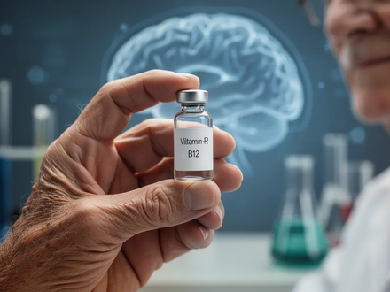 Nahaufnahme der Hand einer älteren Person, die ein kleines Glasfläschchen mit der Aufschrift 'B12' vor einem unscharfen Hintergrund hält. - Foto: über boerse-global.de