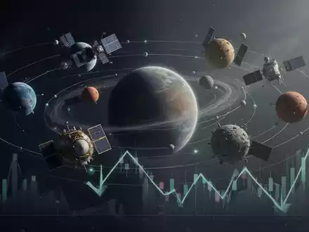 Abstrakte Darstellung von sechs Satelliten, die einen Planeten umkreisen, symbolisierend Raumfahrt-Beteiligungen und fallende Kurse. - Foto: über boerse-global.de