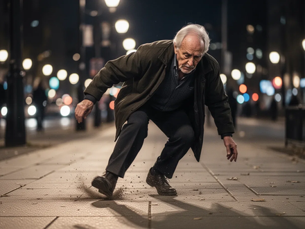 Ein älterer Mensch stolpert auf einem städtischen Gehweg, der die Gefahren von Stürzen und sozialer Isolation im Alter symbolisiert. - Foto: über boerse-global.de