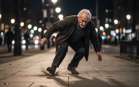 Ein älterer Mensch stolpert auf einem städtischen Gehweg, der die Gefahren von Stürzen und sozialer Isolation im Alter symbolisiert. - Foto: über boerse-global.de