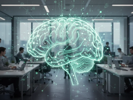 Stylized neural network over a modern office, representing AI integration in public and financial sectors for workflow optimization. - Foto: über boerse-global.de