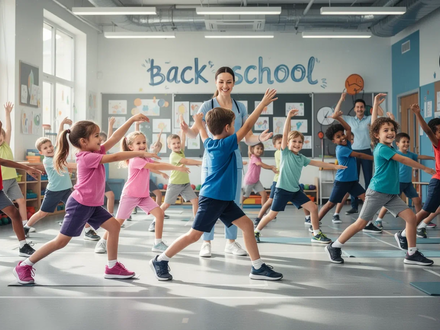 Grundschulkinder machen Rückenschule-Übungen in einer Turnhalle, angeleitet von einem Physiotherapeuten, um die Haltung zu verbessern. - Foto: über boerse-global.de