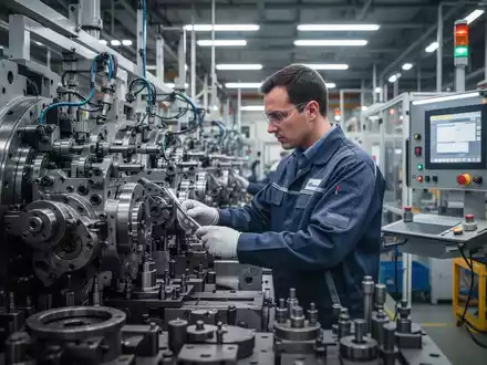 Ein Ingenieur in Schutzkleidung prüft sorgfältig eine große Maschine in einer hell beleuchteten Fabrikhalle. - Foto: über boerse-global.de
