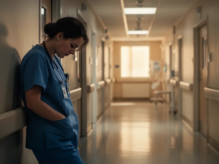 Eine erschöpfte Pflegekraft in OP-Kleidung lehnt mit gesenktem Kopf an einer Krankenhausflurwand, symbolisiert hohe Belastung. - Foto: über boerse-global.de