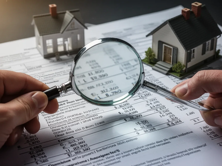 Eine Hand hält eine Lupe über ein Finanzdokument mit Zahlen, im Hintergrund ein kleines Hausmodell, das Immobilienbewertung und Steuern symbolisiert. - Foto: über boerse-global.de