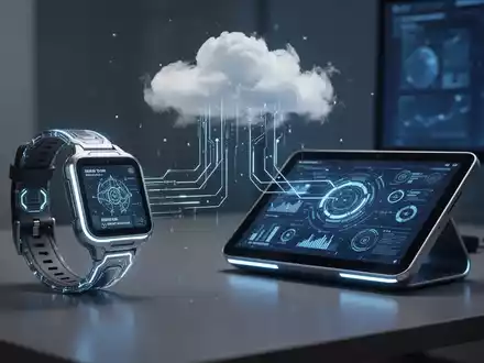 A futuristic smart employee badge and a desk companion tablet, both glowing, with digital interfaces and data streams connecting to a cloud. - Foto: über boerse-global.de