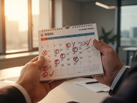 Eine Hand hält einen Kalender, auf dem eine sechste Urlaubswoche markiert ist, symbolisierend erweiterte Erholungsansprüche. - Foto: über boerse-global.de