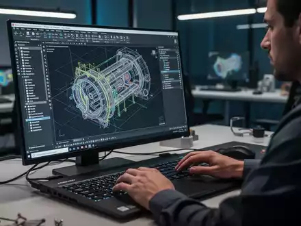 Ein professioneller Ingenieur arbeitet an einem Hochleistungs-CAD-Laptop, der komplexe 3D-Modelle anzeigt. - Foto: über boerse-global.de