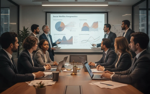 Eine Gruppe von Fachleuten nimmt an einem Seminar teil, das sich mit Arbeitsrecht und Sozialwirtschaft befasst. Sie schauen auf eine Präsentation. - Foto: über boerse-global.de