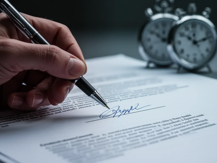 Eine Hand hält einen Stift über einem Aufhebungsvertrag, während im Hintergrund eine verschwommene Uhr tickt. - Foto: über boerse-global.de