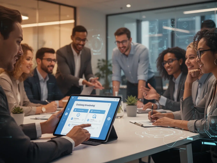 Neue Mitarbeiter in einem modernen Büro, einer nutzt ein Tablet mit einer digitalen Onboarding-Oberfläche, andere arbeiten zusammen. - Foto: über boerse-global.de