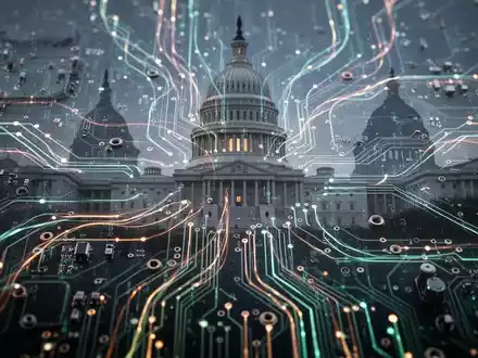 Circuit boards and data streams with a subtle overlay of Capitol Hill, representing AI regulation and government oversight. - Foto: über boerse-global.de