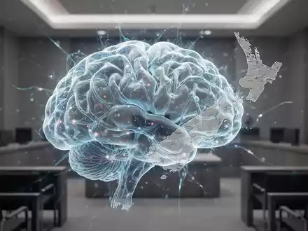 A stylized glowing neural network brain overlaid with a map of New Zealand, symbolizing AI regulation and copyright disputes. - Foto: über boerse-global.de