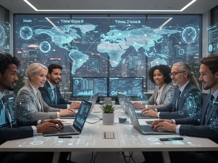 Eine Gruppe von Fachkräften arbeitet remote, mit holografischen Anzeigen und globaler Konnektivität, die Talentakquise symbolisiert. - Foto: über boerse-global.de