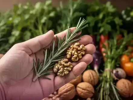 Eine Hand hält einen Rosmarinzweig und Walnüsse, mit verschwommenem Hintergrund aus Kräutern und Gemüse, symbolisiert Naturheilkunde. - Foto: über boerse-global.de