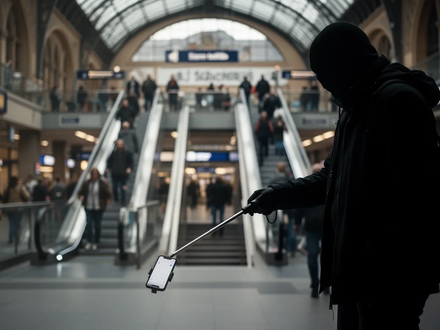 Eine verschwommene Aufnahme eines belebten Verkehrsknotenpunkts mit Rolltreppen, im Vordergrund eine Silhouette, die heimlich filmt. - Foto: über boerse-global.de