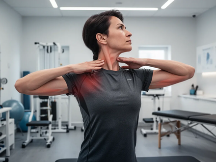 Eine Person führt eine Übung zur Stärkung der Nacken- und Schultermuskulatur in einer modernen Physiotherapieklinik aus. - Foto: über boerse-global.de