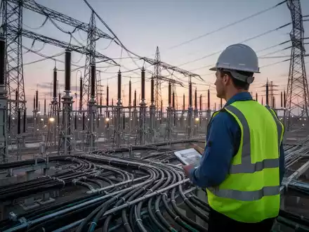 Ein EHS-Projektmanager in Schutzkleidung überwacht den Bau einer Hochspannungs-Gleichstrom-Übertragungsstation bei Sonnenuntergang. - Foto: über boerse-global.de